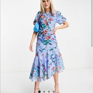 NEW w tags Hope & Ivy puff sleeve asymmetrical belted midi dress poppy blue US12